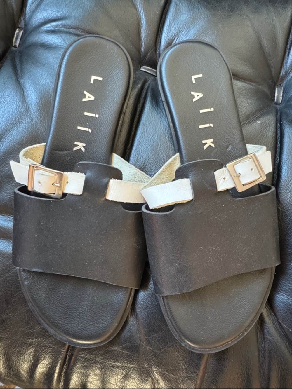 LAIIK Black Slide Sandals with Cream Buckle Strap